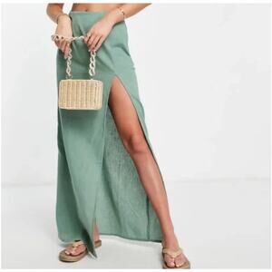 ASOS High Waisted Flax Blend Maxi Skirt High Slit Women’s‎ 4 Green Bodycon Sexy